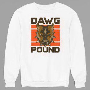NEW Dawg Pound Cleveland Browns Fan Slogan Long Sleeve Fleece Sweatshirt WHITE